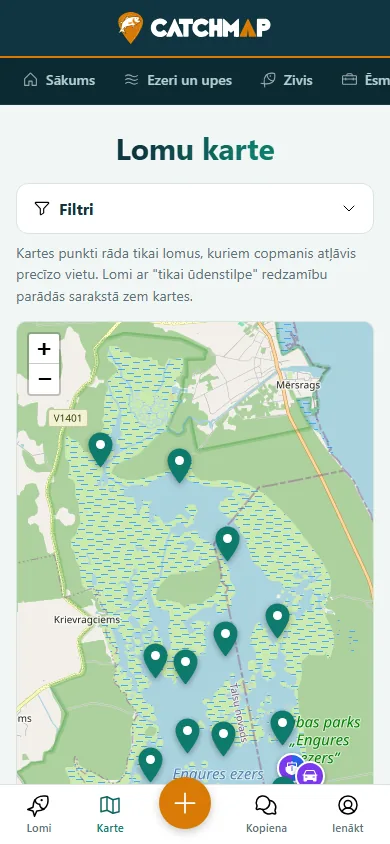 CatchMap makšķerēšanas karte telefonā - Engures ezers ar lomu un vietu atzīmēm