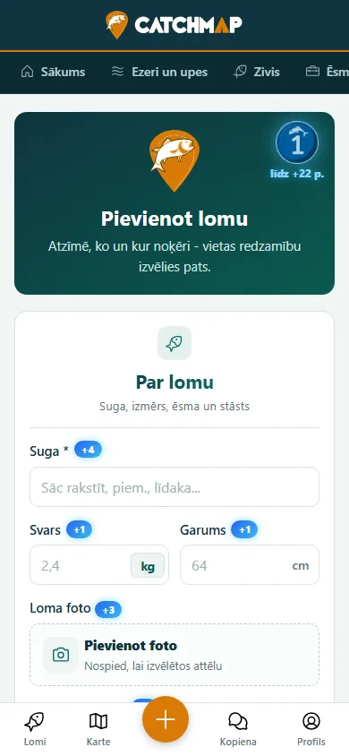 Loma pievienošanas forma CatchMap aplikācijā