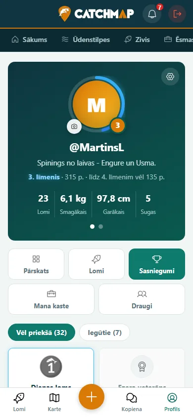 Makšķernieka profils ar punktiem un sasniegumiem CatchMap