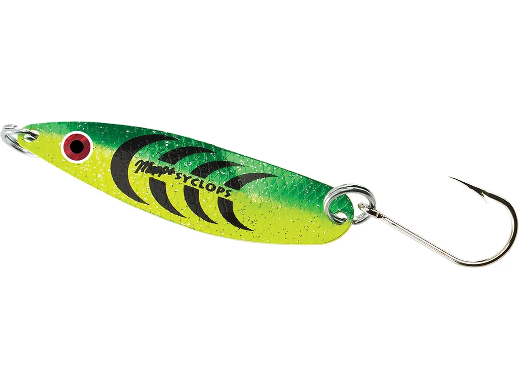 Mepps Bantam Syclops šūpiņa Silver-Hot Lime/Chartreuse krāsā ar zvīņu rakstu un vienu āķi