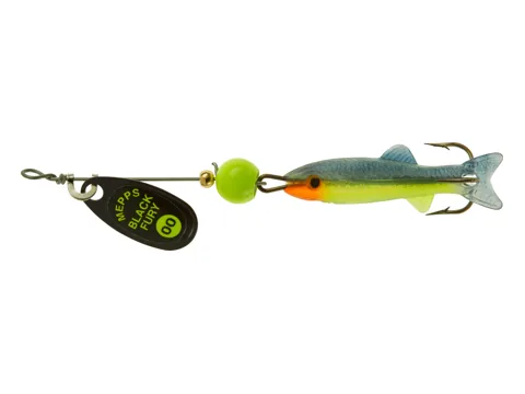 Mepps Black Fury Mino Ultra Lite spineris ar Nr. 00 melno bleķi un mazo shad zivtiņu