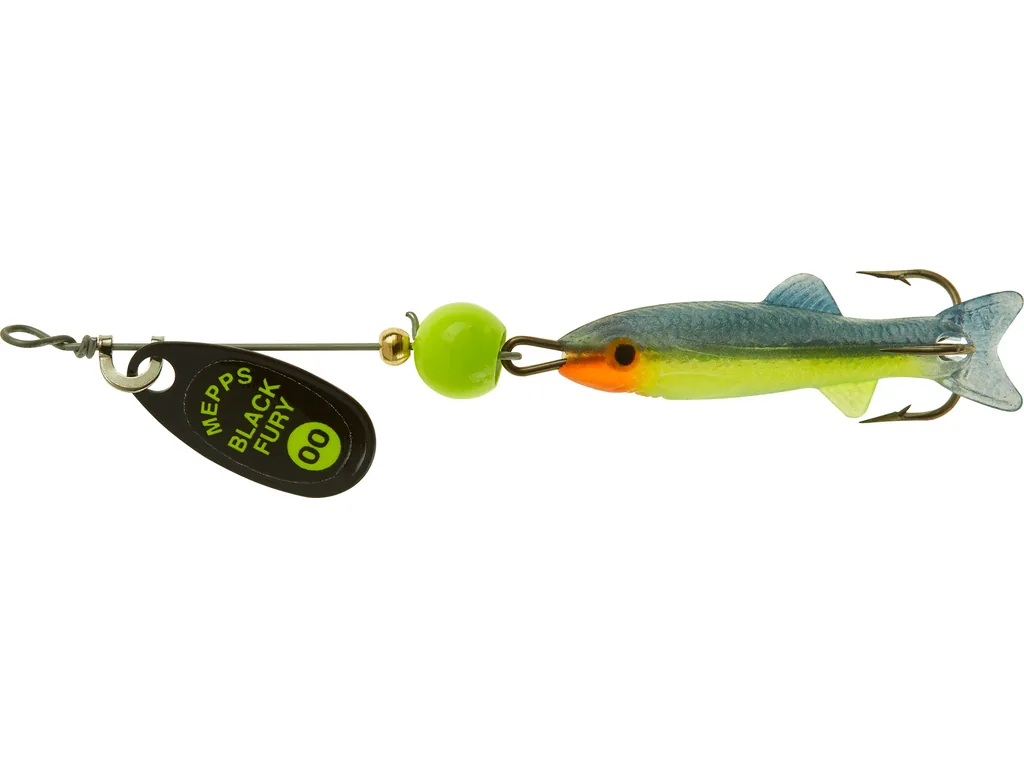 Mepps Black Fury Mino Ultra Lite spineris ar Nr. 00 melno bleķi un mazo chartreuse shad zivtiņu