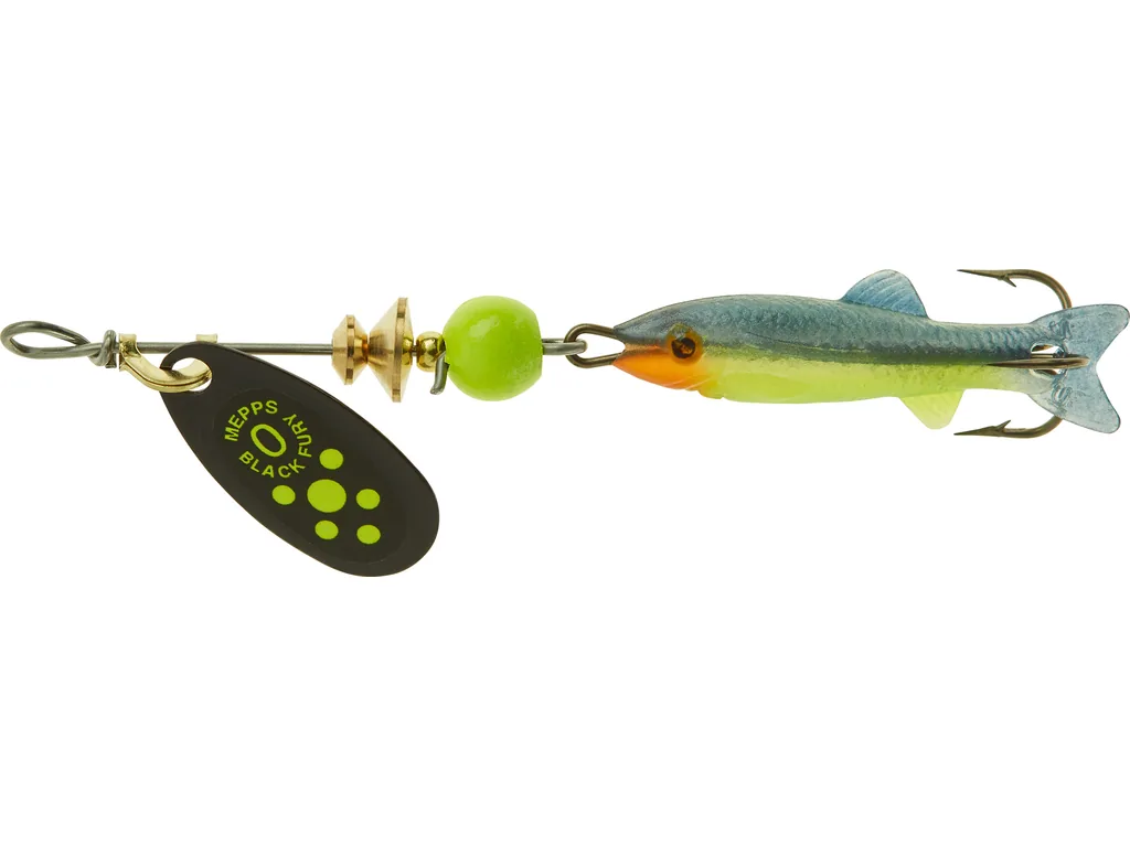 Mepps Black Fury Mino Nr. 0 spineris ar melnu punktotu bleķi un chartreuse shad zivtiņu