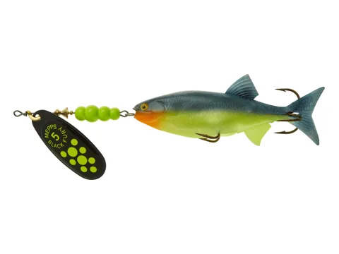 Mepps Black Fury MX Mino spineris ar Nr. 5 melno bleķi un 4 collu shad zivtiņu