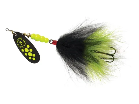 Mepps Black Fury Tandem Nr. 5 bucktail spineris ar melnu punktotu bleķi un briežastes asti