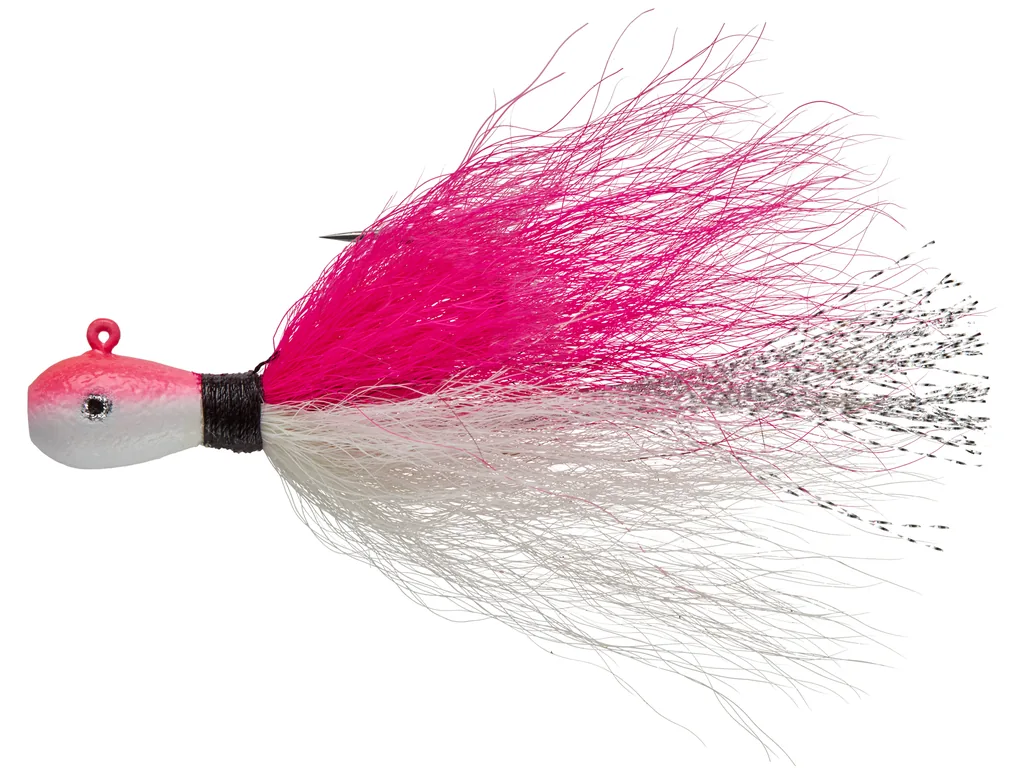 Mepps Bucktail Jig briežastes džigs rozā un baltā krāsā ar flashabou šķiedrām