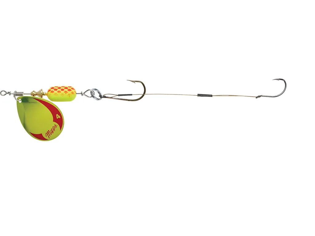 Mepps Crawler Harness Nr. 4 sliekas jūgs ar chartreuse Platium bleķi un diviem āķiem