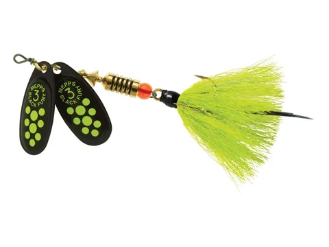 Mepps Double Blade Black Fury Nr. 3 spineris ar diviem melniem chartreuse punktu bleķiem