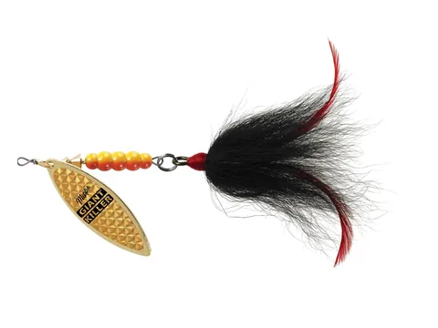 Mepps Giant Killer Bucktail spineris ar zelta zvīņu bleķi un melnu briežastes asti