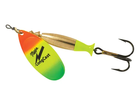 Mepps LongCast spineris ar zelta lodes ķermeni un chartreuse spuru