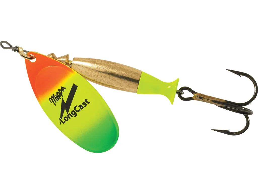 Mepps LongCast spineris ar zelta lodes ķermeni, chartreuse spuru un Hot Firetiger bleķi