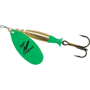 Mepps LongCast Gold Body, Green Fin, Hot Green Blade spineris