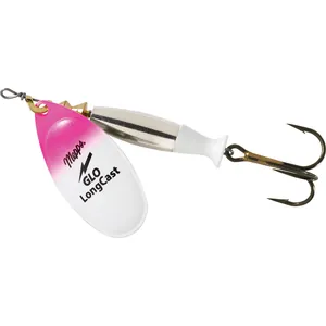 Mepps LongCast Silver Body, White Fin, GLO Pink Blade spineris