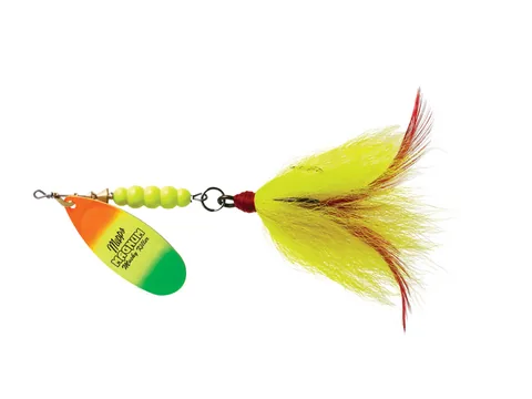 Mepps Magnum Musky Killer spineris ar Hot Firetiger bleķi un dzeltenu briežastes asti