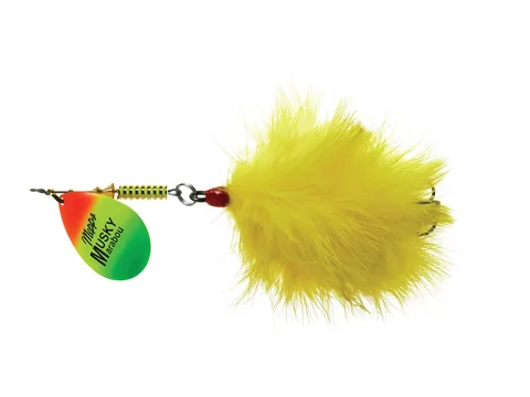 Mepps Musky Marabou spineris ar Hot Firetiger bleķi un dzeltenu marabu asti