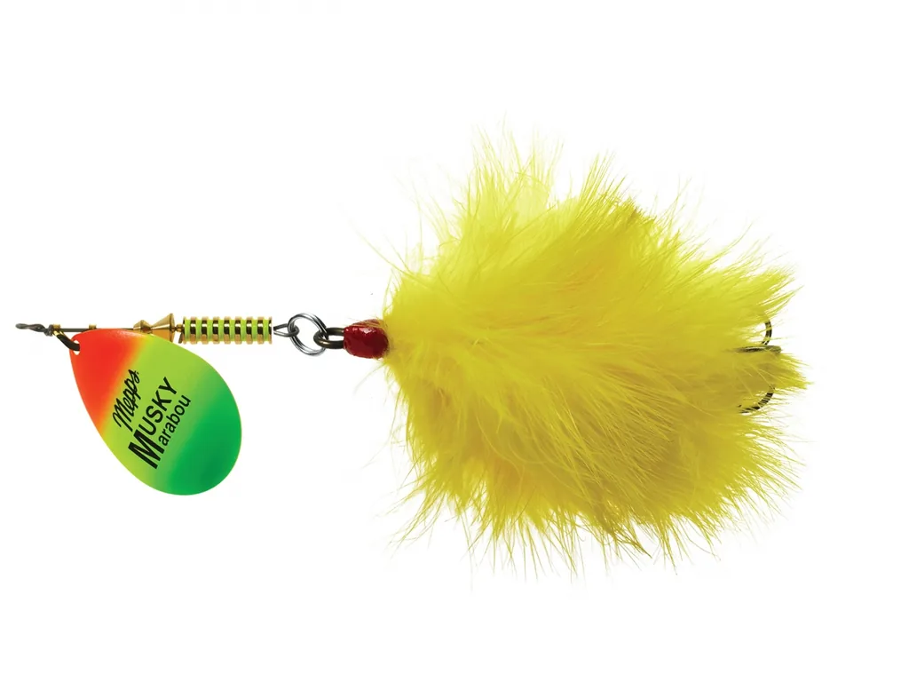Mepps Musky Marabou spineris ar Hot Firetiger bleķi un dzeltenu marabu asti