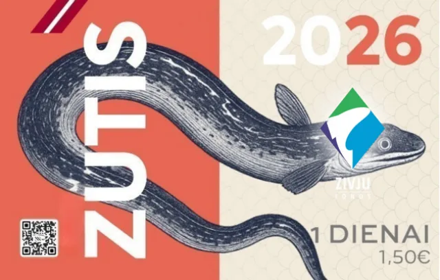 Vienas dienas makšķerēšanas karte 2026 ar zuša zīmējumu