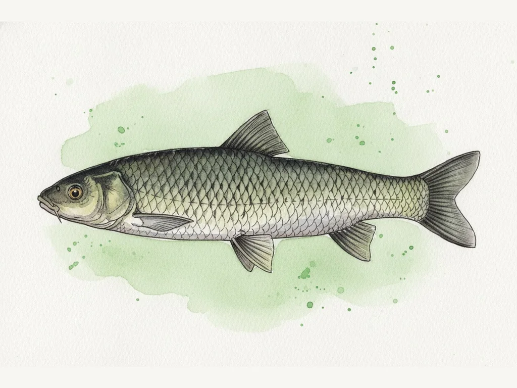 Baltais amūrs (Ctenopharyngodon idella) - sugas zīmējums no sāniem